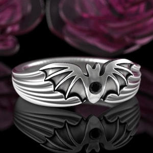 Sterling & Black Spinel Bat Ring, Silver Halloween Ring, Vampire Ring, Spooky Wings Ring, Cute Bat Jewelry, Silver Goth Wedding Ring, 3141
