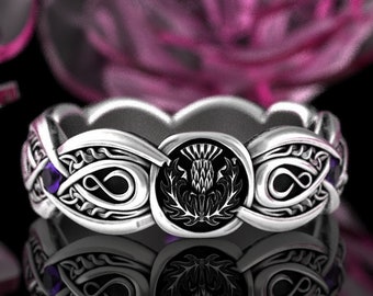 Amethyst Scottish Wedding Band, Sterling Thistle Wedding Ring, Womens Celtic Wedding Band, Amethyst Celtic Infinity Wedding Ring, 3035