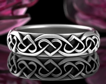 Womens Heart Knotwork Wedding Ring, Sterling Silver Irish Celtic Woven Ring, Heart Knot Wedding Band, Silver Welsh Heart Wedding Ring, 3160