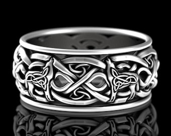 Sterling Silver Norse Wolf Wedding Band, Mens Nordic Wolf Wedding Ring, Celtic Wolves Silver Ring, Infinity Wolf Ring, Nordic Wedding, 4269