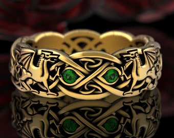 Emerald Dragon Ring 10K 14K Gold, Celtic Dragon Wedding Band, Irish Gold Dragons Wedding Ring, Dragon Soulmate Ring, Women Gold Dragon, 3016