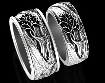 Sterling Matching Tree of Life Wedding Ring Set, Couples Nature Botanical Tree Bark Wedding Bands, 925 Silver Nature Wedding Set, 1793 3157