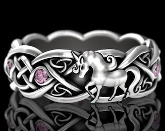 Sterling & Pink Sapphire Unicorn Ring, Magical Horse Ring, Celtic Creature Jewelry, Womens Horse Wedding, Girls Silver Irish Horse Ring 3032