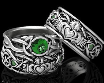 3 Ring Set, Claddagh Ring Set, Emerald Claddagh Ring Set, Matching Claddagh Wedding Set, Matching Claddagh Rings, Celtic Ring Set, 1688 1686