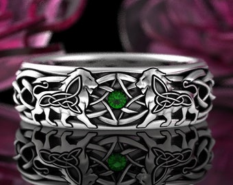 Sterling Scottish Men's Lion Wedding Ring, Celtic Silver Emerald Sapphire Ruby Lions Wedding Band, Grooms King of the Jungle Ring, 3047