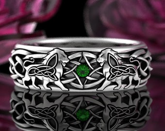 Emerald Lion Wedding Band, Sterling Lion Ring, Celtic Lion Ring, Men's Lion Ring, Silver Lion Wedding Ring, Men Celtic Wedding Band, 3047