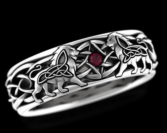 Sterling Lion Ring, Celtic Lion Ring, Ruby Lion Wedding Band, Men's Lion Ring, Silver Lion Wedding Ring, Men Celtic Wedding Band, 3047