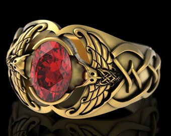 Gold Ruby Statement Ring, Owl 10K Viking Ring, 14K Mens Celtic Owl Wedding Ring, 10K 14K Gold Mens Engagement Ring, Ruby Gold Signet, 3057
