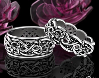 His Hers Wolf Rings, Matching Sterling Silver Nordic Wedding Bands, Celtic Knotwork Ring Set, Howling Wolves Wedding Rings, 4267 4269