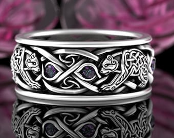 Alexandrite Bear Wedding Band, Sterling Silver Knotwork Ring, Men Scottish Bear Ring, Bear Wedding Ring, Silver Alexandrite Irish Ring, 3095