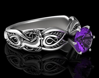 Amethyst Deer Solitaire Ring, Sterling Deer Engagement Ring, Silver Celtic Forest Wedding, Stag Antler Ring, Nature Woodland Ring, 3135