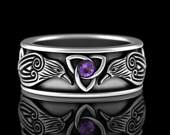 Amethyst Raven Viking Wedding Band, Mens Silver Amethyst Nordic Ring, Sterling Norse Wedding Ring, Odin Ravens Ring, Bird Crow Ring, 3175