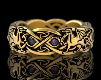 Anillo de dragón galés de alejandrita, banda de boda de dragón de 10K 14K, anillo de boda de dragones celtas, anillo de alma gemela del dragón, dragón de oro irlandés de las mujeres, 3016