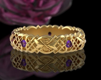 Gold & Amethyst Celtic Knot Ring, 10K Amethyst Celtic Wedding Ring, Gold Amethyst Celtic Ring, Gold Amethyst Irish Wedding Ring, 4014