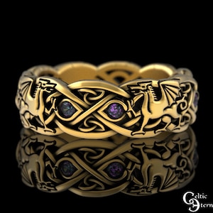 Alexandrite Welsh Dragon Ring, 10K 14K Dragon Wedding Band, Celtic Dragons Wedding Ring, Dragon Soulmate Ring, Women Irish Gold Dragon, 3016
