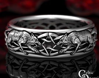 Direwolf Sterling Silver Ring, Celtic Wolf Ring, Viking Wolf Ring, Norse Wolf Ring, Wolf Wedding Band, Sterling Celtic Wolf Ring, 1447