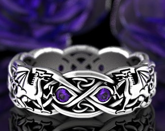 Sterling Double Dragon Ring with Amethyst, Amethyst Dragon Ring, Sterling Dragon Ring, Celtic Dragon Wedding Ring, Two Dragon Ring, 3016