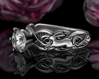 1 Carat Bunny Solitaire Ring, Sterling Rabbit Engagement Ring, Womans Moissanite Silver Celtic Bunnie Wedding Ring, Bridal Knotwork, 3184