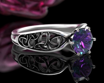 Classic Alexandrite Celtic Engagement Ring, Sterling Silver Irish Knotwork Solitaire Ring, Womens Alexandrite Wedding Trinity Knot Ring 1427