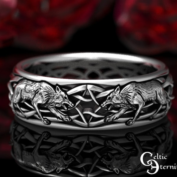 Direwolf Sterling Silver Ring, Celtic Wolf Ring, Viking Wolf Ring, Norse Wolf Ring, Wolf Wedding Band, Sterling Celtic Wolf Ring, 1447