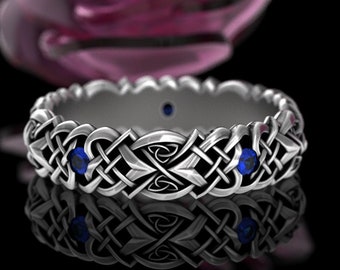 Celtic Sapphire Heart Ring, Sterling Silver Celtic Wedding Band, Womens Blue Celtic Trinity Knot Ring, Perfect Bridal Wedding Ring, 4014