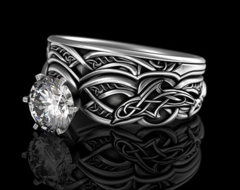 Stacker Engagement & Wedding Dolphin Ring Set, Sterling Moissanite Celtic Matching Wedding Ring, Nested Womens Ocean Sea Ring Pair 3122 1971