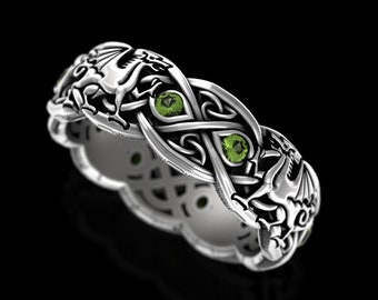 Peridot Welsh Dragons Ring, Sterling Irish Dragon Ring, Green Dragon Wedding Band, Viking Knotwork Dragon Jewelry, Norse Nordic Ring, 3016