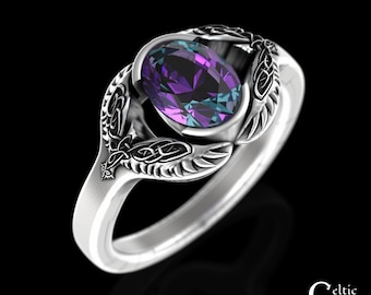 Viking Alexandrite Engagement Ring, Sterling Silver Raven Womens Solitaire Ring, Alexandrite Celtic Wedding Ring, Nordic Bird Ring, 3144