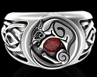 Ruby Nordic Wolf Ring, Sterling Silver Ruby Celtic Signet Ring, Ruby Signet Ring, Wolf Signet Ring, Celtic Signet Ring, Men Norse Ring, 1354