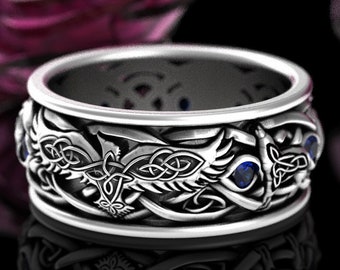 Sterling Raven Wolves Wedding Ring, Mens Wolf Wedding Ring, Sapphire Wolf Viking Ring, Viking Raven Ring, Silver Raven Wedding Ring, 4697