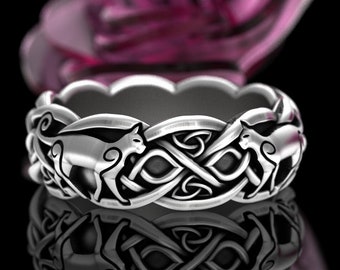 Sterling Silver Irish Cat, Swirl Cat Wedding Band, Celtic Cat Ring, Cat Lover Ring, Scottish Knotwork Ring, Kitty Ring, Feline Ring, 3096