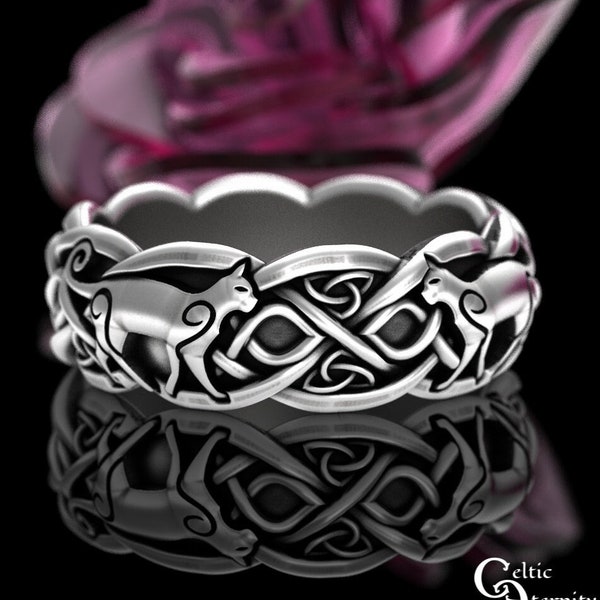 Sterling Silver Irish Cat, Swirl Cat Wedding Band, Celtic Cat Ring, Cat Lover Ring, Scottish Knotwork Ring, Kitty Ring, Feline Ring, 3096