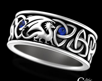 Norse Mens Dragon Ring, Sterling Sapphire Celtic Dragon Ring, Mens Viking Wedding Band, Celtic Dragon Wedding Ring, Irish Dragon Ring, 3053