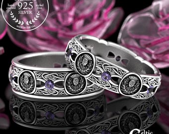 Amethyst Thistle Wedding Ring Set, Matching Celtic Wedding Bands, His Hers Sterling Irish Wedding Rings, Silver Scottish Rings, 4408 4409