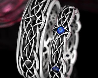 His Her Sterling Celtic Knot Rings, Sapphire Wedding Set, Irish Infinity Knot Ring, Matching Wedding Bands, Classic Irish Ring Set, 1416 111