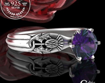 Alexandrite Sterling Engagement Ring, Classic Thistle Engagement Ring, Scottish Thistle Wedding Ring, Alexandrite Solitaire Ring, Irish 1894