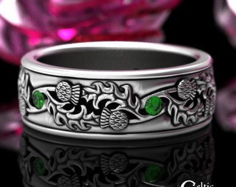 Thistle Emerald Wedding Band, Sterling Irish Wedding Ring, Mens Scottish Thistle Ring, Mens Silver Thistle Ring, Celtic Thistle Ring, 1935