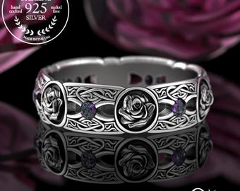 Bridal Alexandrite Rose Flower Ring, Sterling Irish Flower Wedding Ring, Womens Rose Celtic Ring, Silver Knotwork Heart Wedding Band, 3046