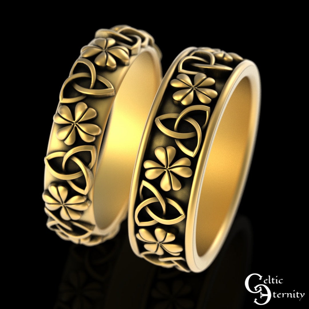 Gold or White Gold Lucky Clover Shamrock Ring Set, 10K 14K 18K His Hers ...
