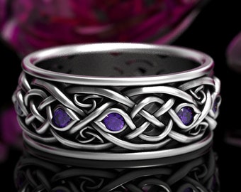 White Gold Infinity Wedding Ring, Amethyst Celtic Wedding Band, Wide Celtic Wedding Ring, Gold Infinity Ring, White Gold Celtic Ring, 1096
