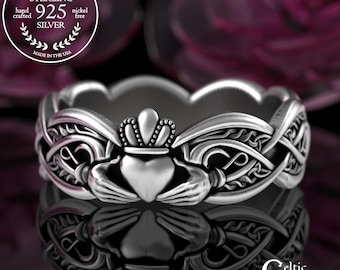 Bridal Scottish Claddagh Ring, Heart Hands Crown Ireland Wedding Ring, Sterling Silver Women's Handfasting Band, Traditional Irish Ring 3238