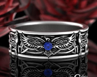 Mens Sapphire Raven Ring, 2 Wolves & Raven Wedding Band, Sterling Viking Band, Mens Wedding Band, Raven Jewelry, Wolf Ring, Raven Ring, 1698