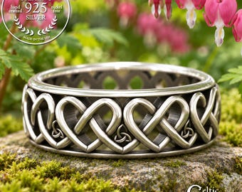 Groom Woven Heart Wedding Band, Sterling Mans Celtic Love Knot Ring, Silver Eternal Love Irish Trinity Knotwork, Interwoven Hearts Ring 2000