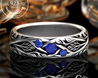 Bridal Sapphire Botanical Ring, Sterling Woman's Tree Branch Wedding Band, Blue Sapphire Nature Inspired Jewelry, Celtic Woodland Ring, 2132