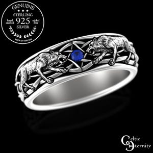Sapphire Silver Direwolf Ring, Sterling Men Wolves Ring, Silver Viking Wolf Ring, Groom Wedding Band, Wolf Stark Ring, Winterfell Ring, 4747