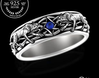 Sapphire Silver Direwolf Ring, Sterling Men Wolves Ring, Silver Viking Wolf Ring, Groom Wedding Band, Wolf Stark Ring, Winterfell Ring, 4747