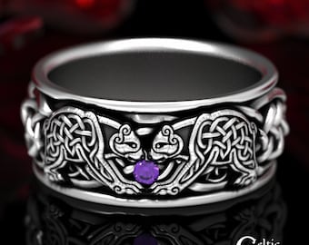 Amethyst Bear Ring, Celtic Sterling Ring, Mens Wedding Band, Silver Bear Ring, Celtic Bear Ring, Mens Bear Ring, Amethyst Celtic Ring, 1691