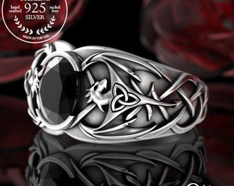 Sterling Silver & Onyx Dragon Ring, Celtic Gemstone Draconid Ring, Heavy Irish Drake Signet Ring, Mens Nordic Wyrm Wedding Ring,  3116
