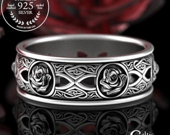 Sterling Celtic Rose Wedding Ring, Scottish Heart Wedding Band, Silver Womens Botanical Flower Ring, Blooming Rose Irish Wedding Ring, 3044