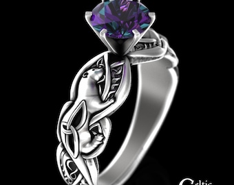 Alexandrite Otter Engagement Ring, Sterling Silver Celtic Otter Ring, Otter Solitaire Ring, Otter Wedding Ring, Alexandrite Irish Ring, 3060